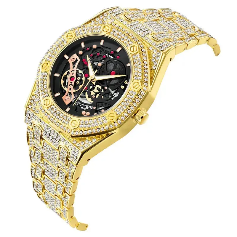 Men Luxury Brand Gold Watches Fashion Alloy Band Hip Hop Diamond