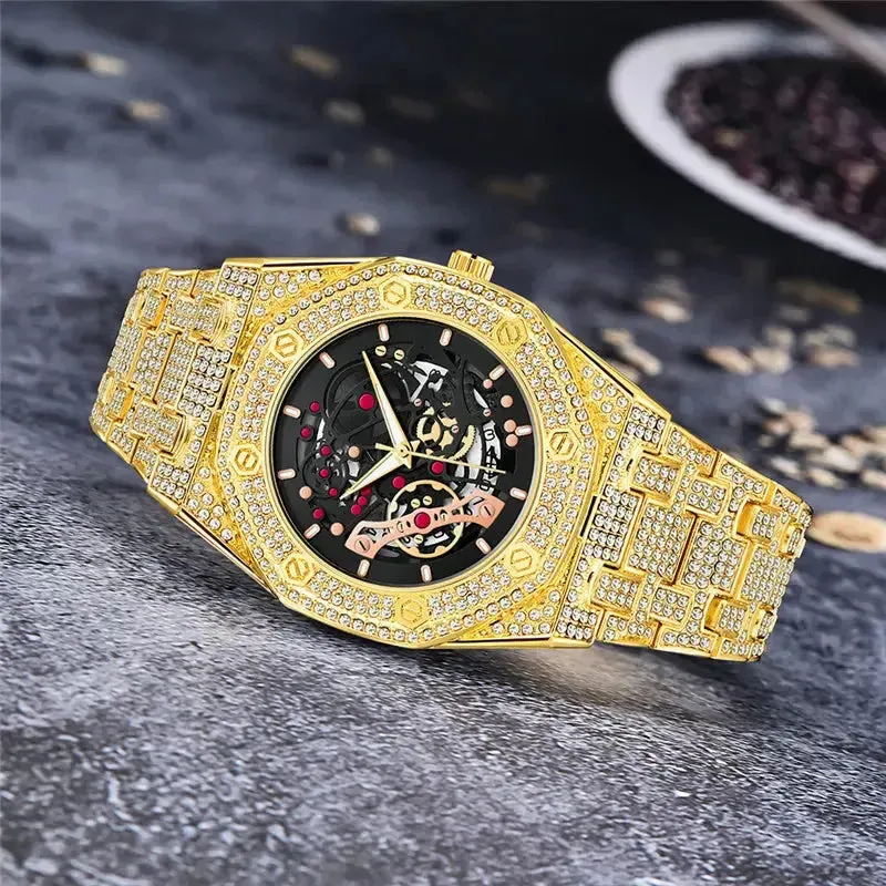 Men Luxury Brand Gold Watches Fashion Alloy Band Hip Hop Diamond