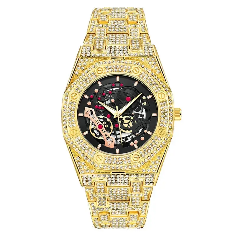 Men Luxury Brand Gold Watches Fashion Alloy Band Hip Hop Diamond