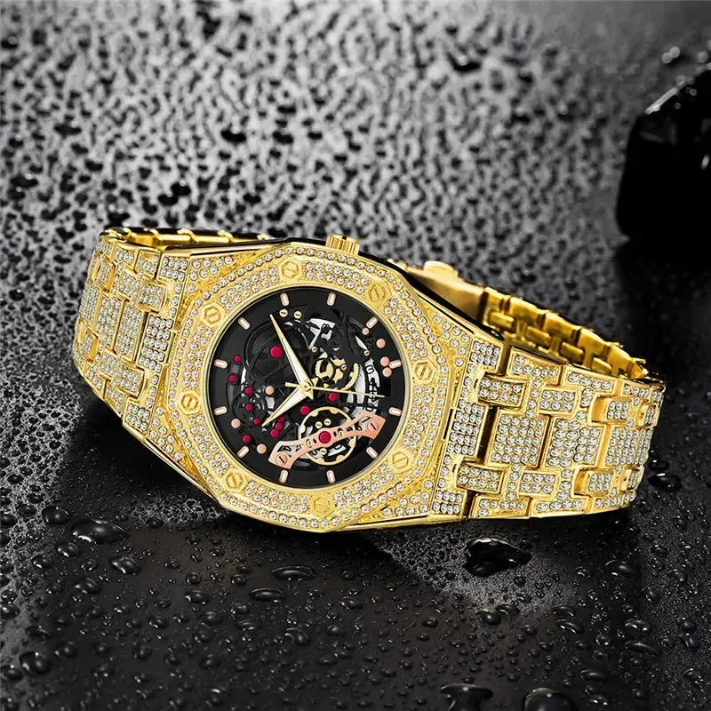 Men Luxury Brand Gold Watches Fashion Alloy Band Hip Hop Diamond