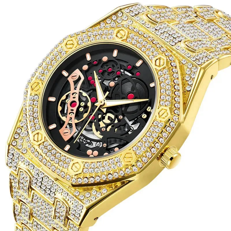 Men Luxury Brand Gold Watches Fashion Alloy Band Hip Hop Diamond