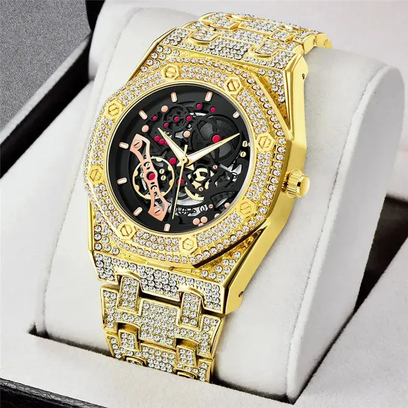 Men Luxury Brand Gold Watches Fashion Alloy Band Hip Hop Diamond