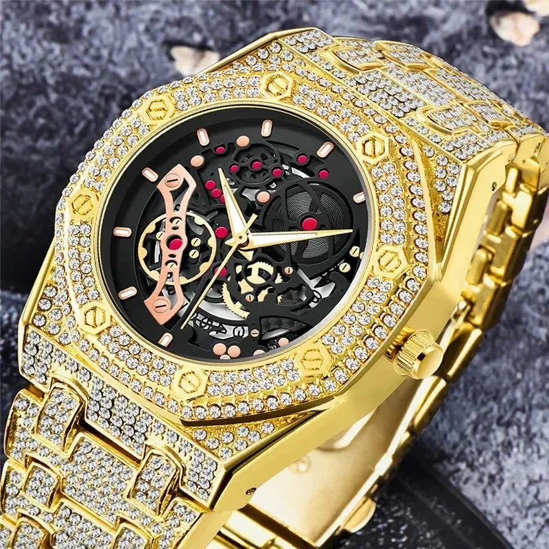 Men Luxury Brand Gold Watches Fashion Alloy Band Hip Hop Diamond