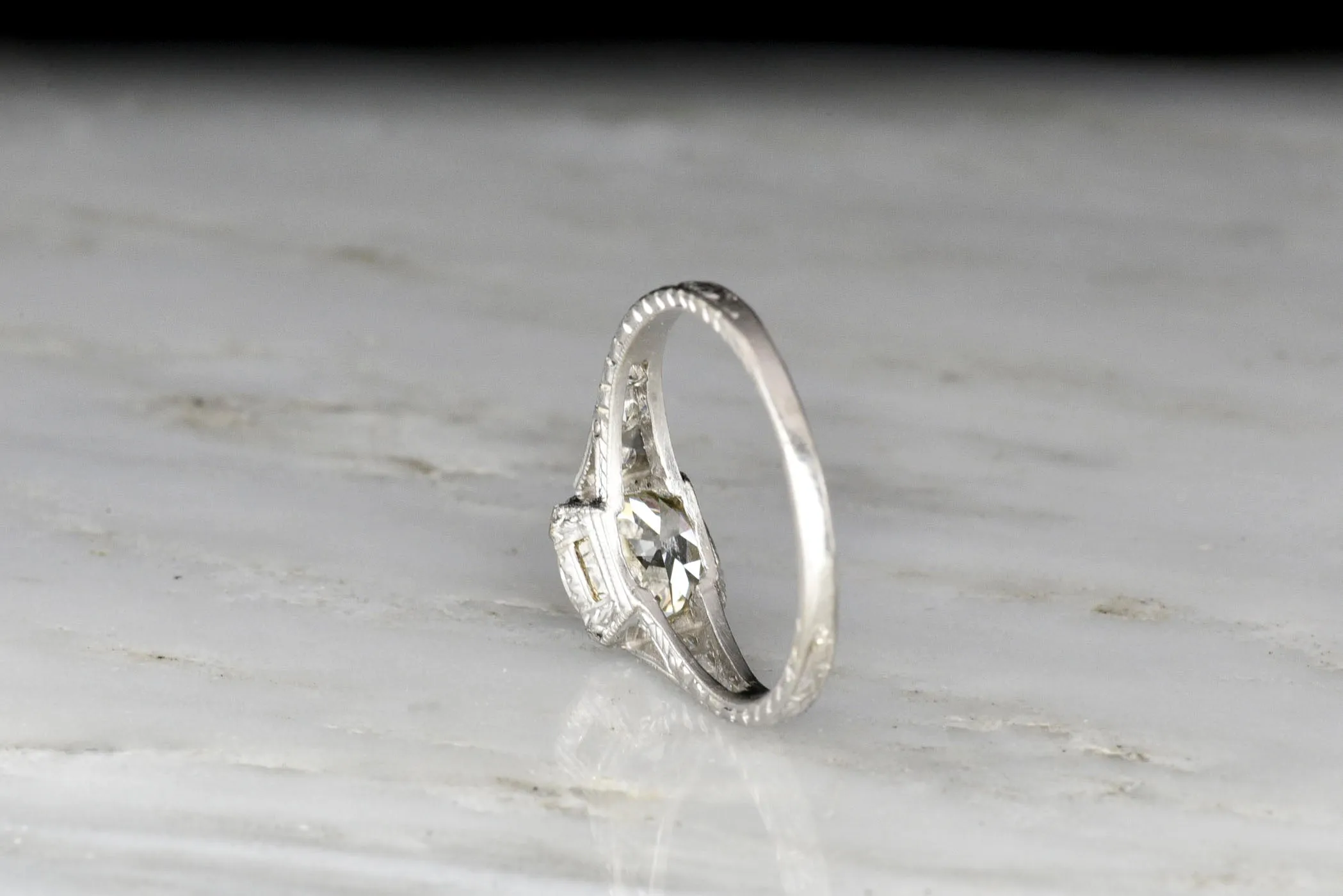 Ornate Edwardian Platinum Engagement Ring with a GIA Old European Cut Diamond Center