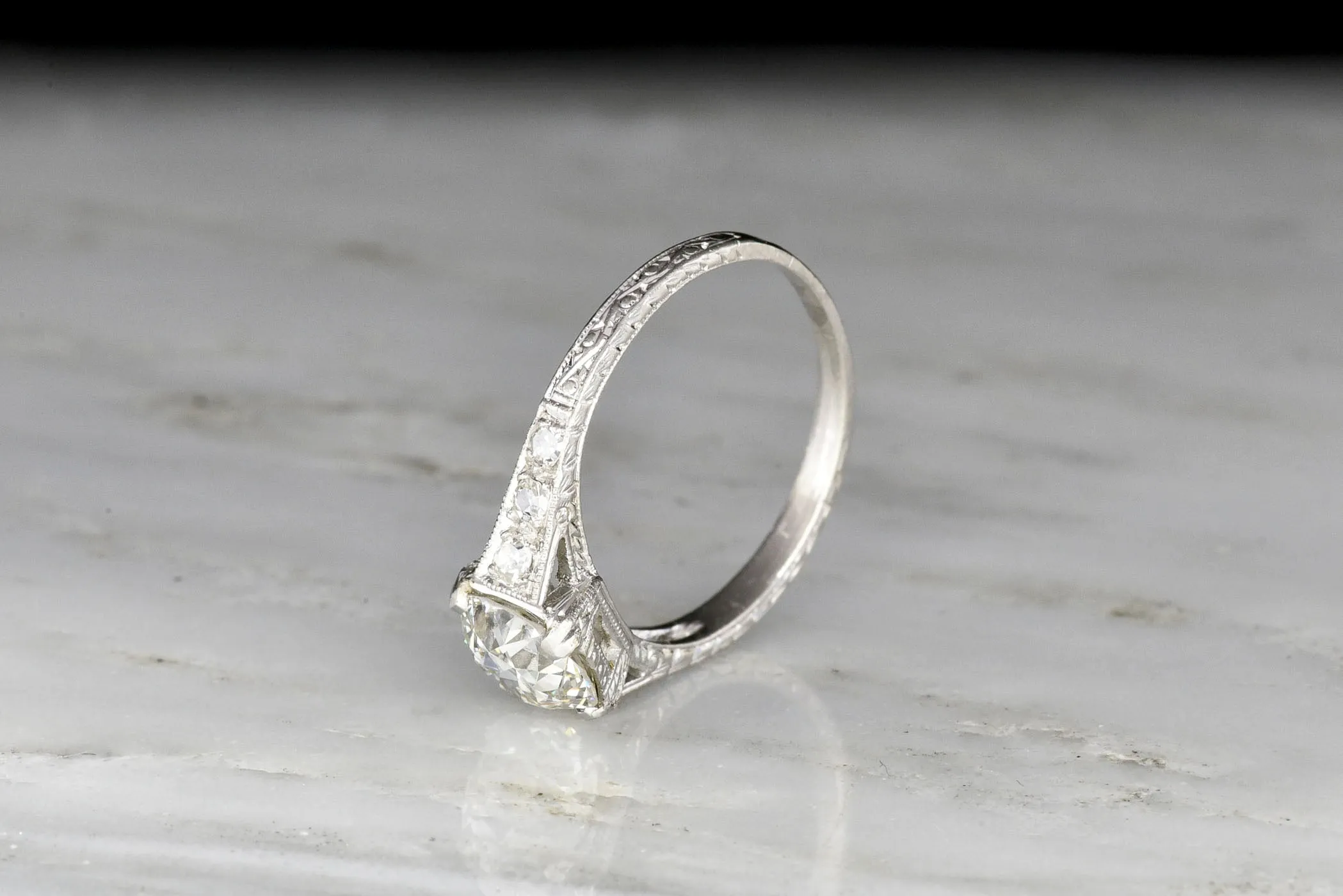 Ornate Edwardian Platinum Engagement Ring with a GIA Old European Cut Diamond Center