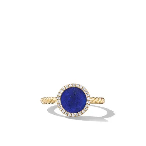 Petite DY Elements Ring in 18K Yellow Gold with Lapis and Pavé Diamonds, Size 6