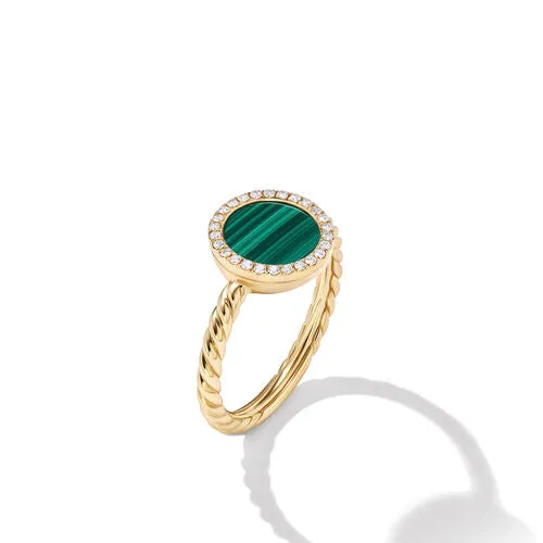 Petite DY Elements Ring in 18K Yellow Gold with Malachite and Pavé Diamonds, Size 7