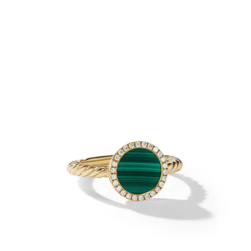 Petite DY Elements Ring in 18K Yellow Gold with Malachite and Pavé Diamonds, Size 7
