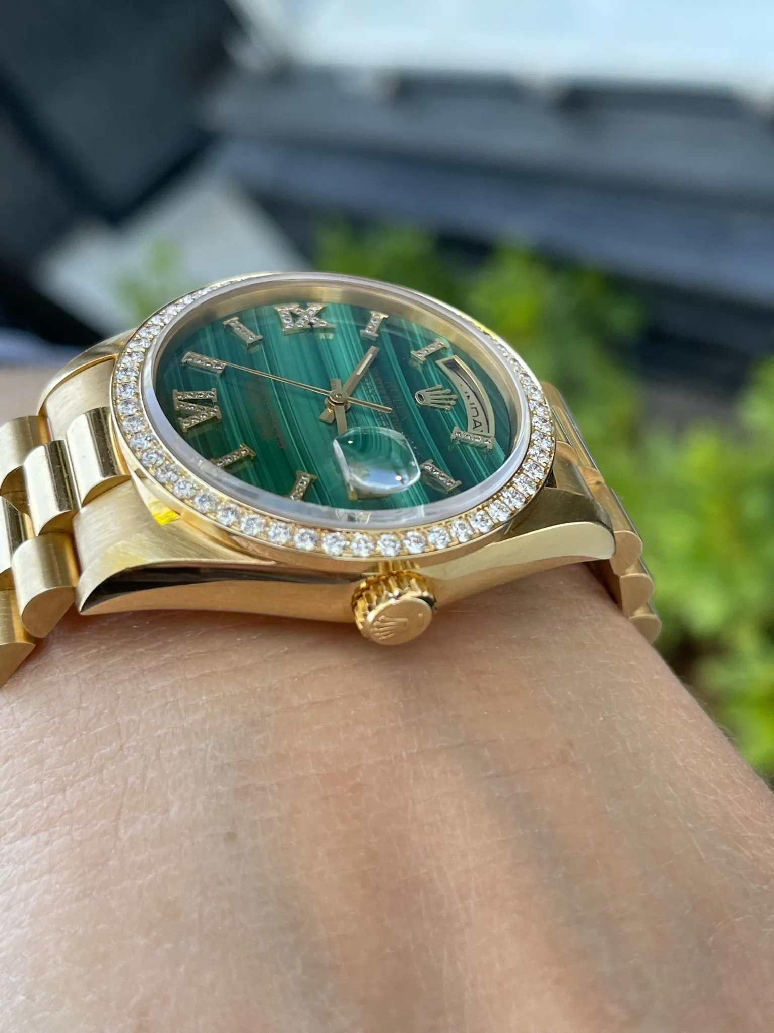 Rolex 36mm Presidential Day-Date 18238 (Double Quickset) Mens or Womens Watch Refinished Malachite Diamond Dial and Custom Diamond Bezel