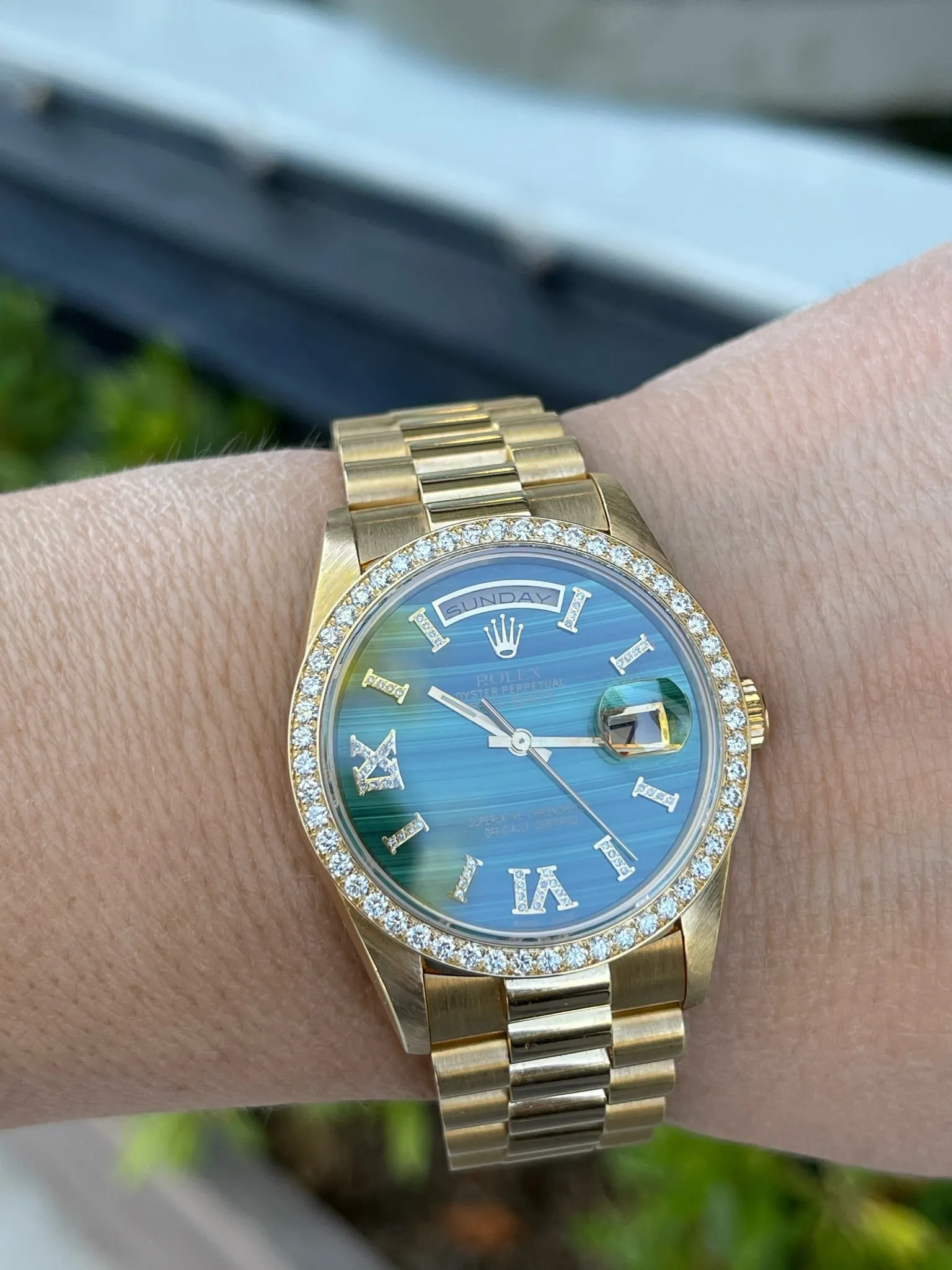 Rolex 36mm Presidential Day-Date 18238 (Double Quickset) Mens or Womens Watch Refinished Malachite Diamond Dial and Custom Diamond Bezel