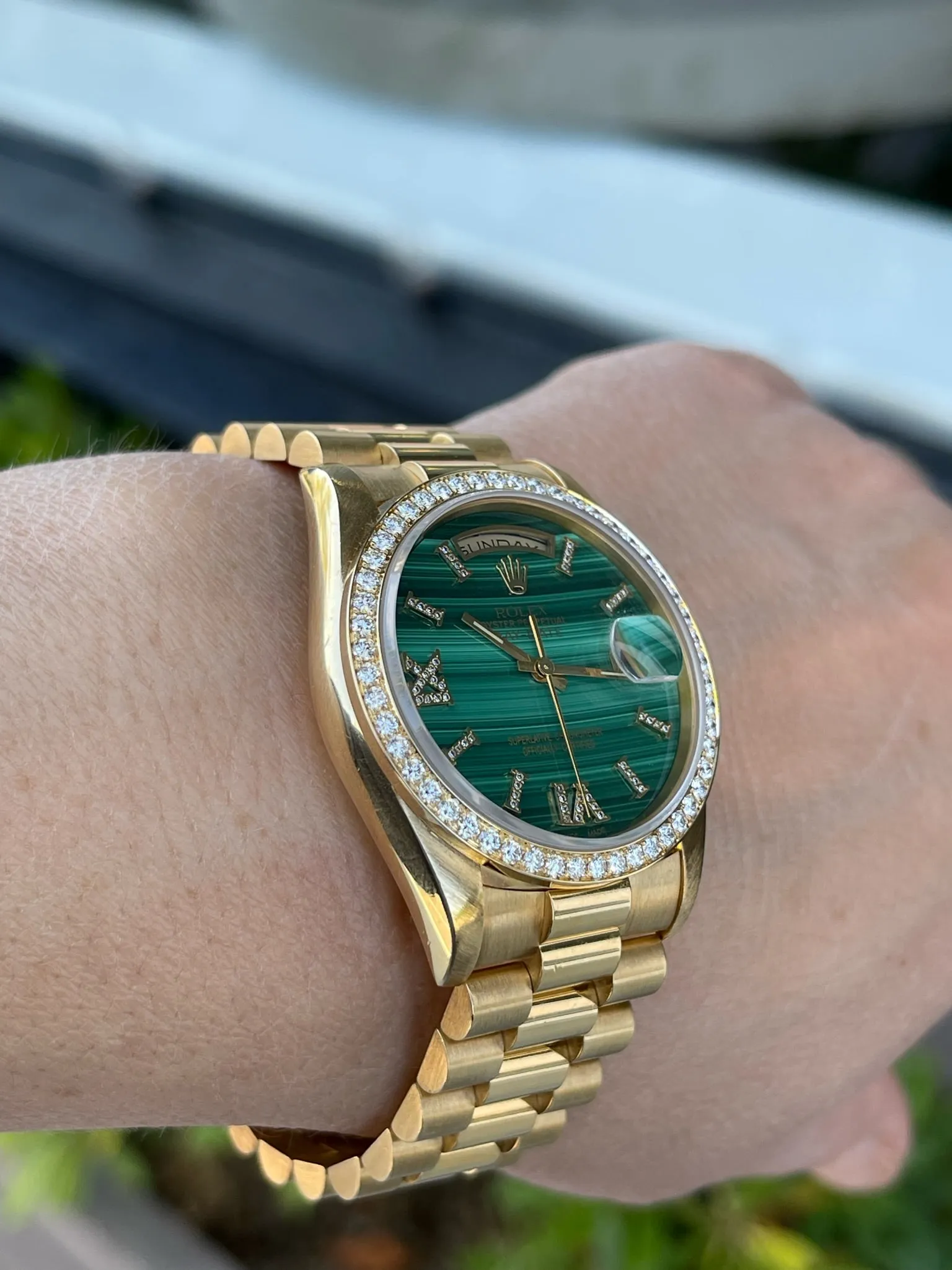 Rolex 36mm Presidential Day-Date 18238 (Double Quickset) Mens or Womens Watch Refinished Malachite Diamond Dial and Custom Diamond Bezel