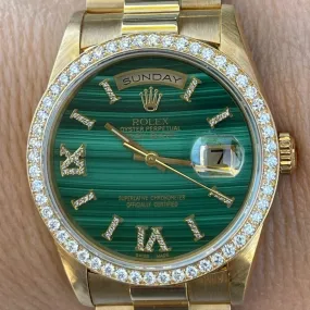 Rolex 36mm Presidential Day-Date 18238 (Double Quickset) Mens or Womens Watch Refinished Malachite Diamond Dial and Custom Diamond Bezel