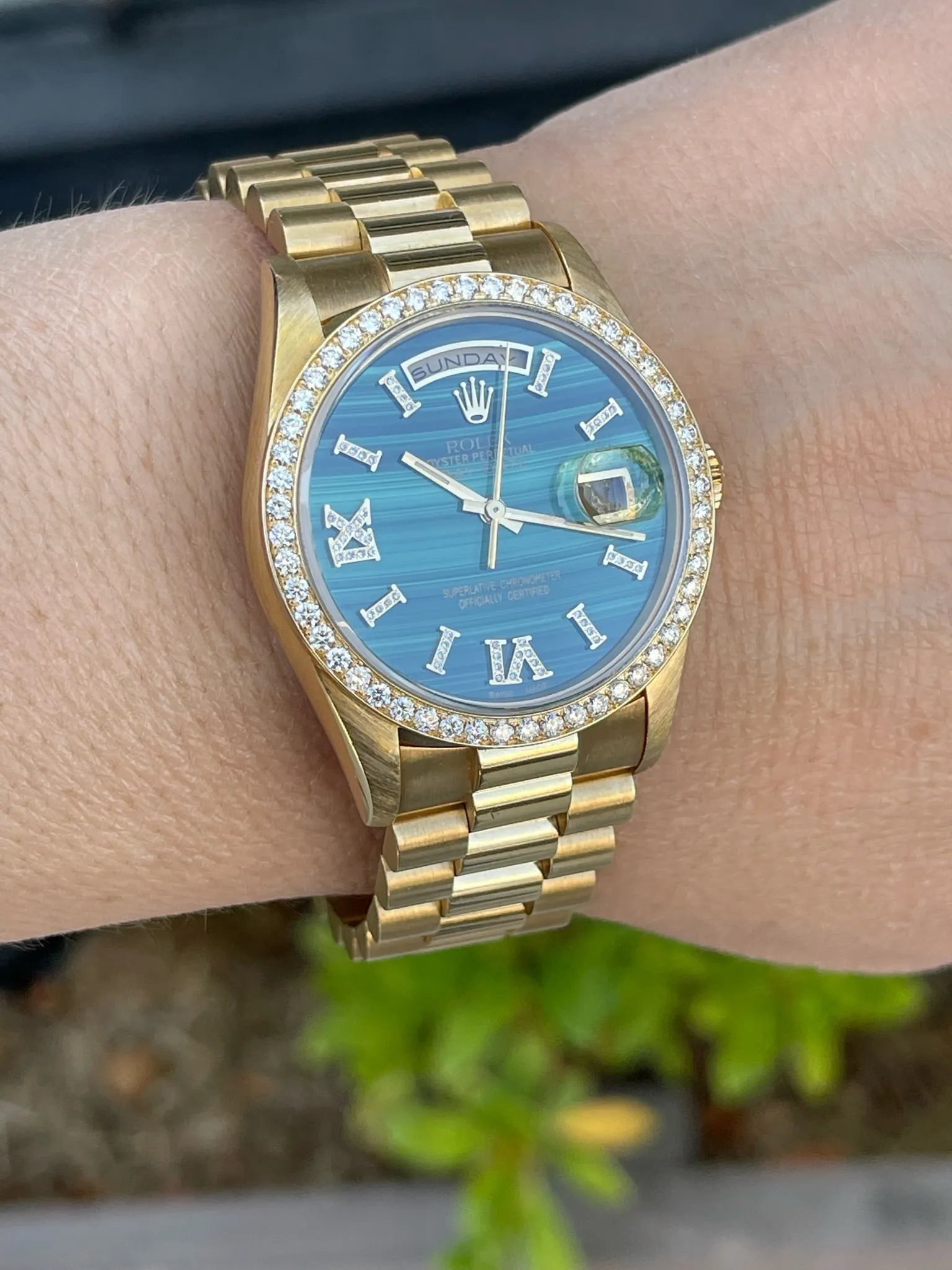 Rolex 36mm Presidential Day-Date 18238 (Double Quickset) Mens or Womens Watch Refinished Malachite Diamond Dial and Custom Diamond Bezel