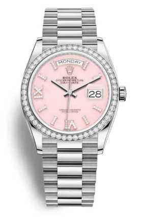 Rolex Day-Date 36 Pink Opal Diamond Dial 18kt White Gold President Watch 128349PRSDP