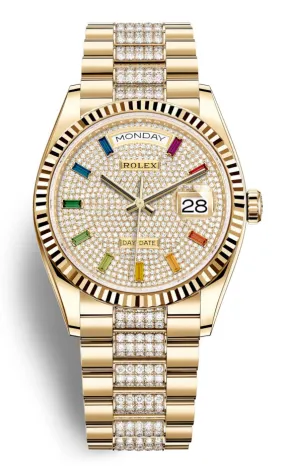 Rolex Day-Date 36 Rainbow Baguette Dial 18kt Yellow Gold Diamond-Set President Watch 128238DSDP