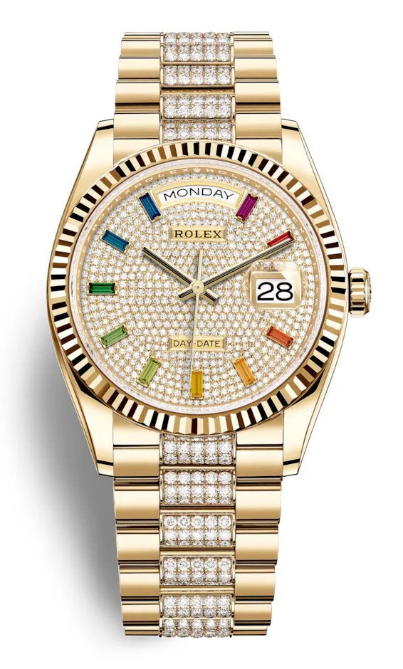 Rolex Day-Date 36 Rainbow Baguette Dial 18kt Yellow Gold Diamond-Set President Watch 128238DSDP