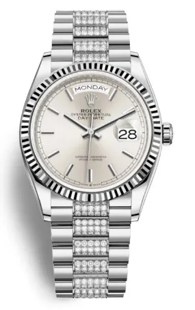 Rolex Day-Date 36 Silver Dial 18kt White Gold Diamond-Set President Watch 128239SSDP