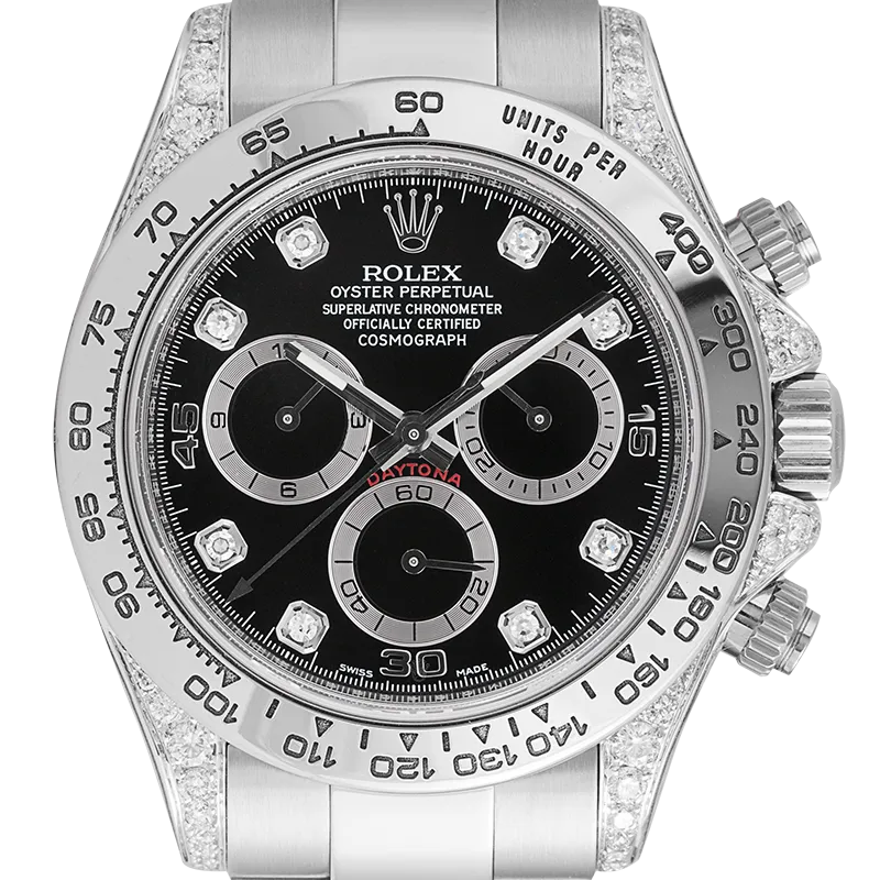Rolex Daytona 18ct White Gold Diamond Set with Black/Diamonds Dial 116509