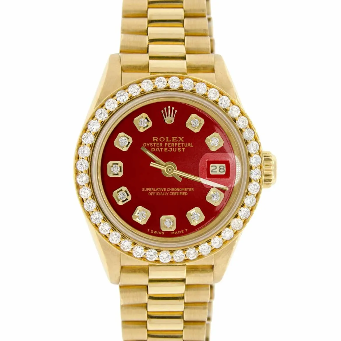 Rolex President Date Just Ladies 18K Yellow Gold 26MM w/Red Diamond Dial & Bezel