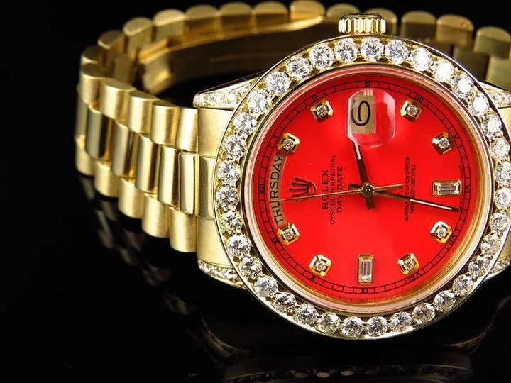 Rolex President Date Just Ladies 18K Yellow Gold 26MM w/Red Diamond Dial & Bezel