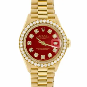 Rolex President Date Just Ladies 18K Yellow Gold 26MM w/Red Diamond Dial & Bezel