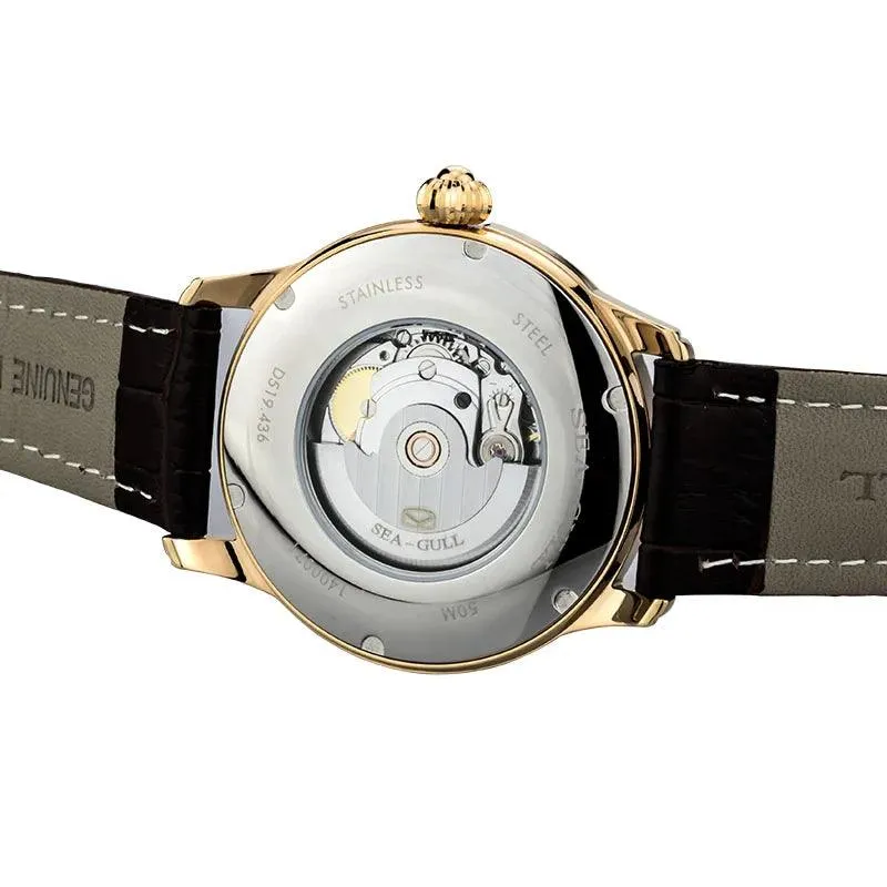 Seagull Genuine Leather Strap Silver/Gold Tone Black Dial 3 Hands Automatic Dress Watch Sapphire Crystal Exhibition Back