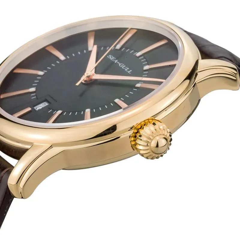 Seagull Genuine Leather Strap Silver/Gold Tone Black Dial 3 Hands Automatic Dress Watch Sapphire Crystal Exhibition Back