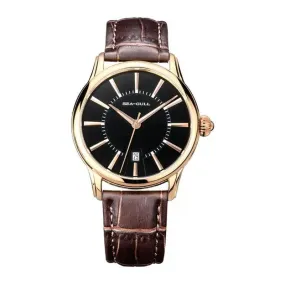 Seagull Genuine Leather Strap Silver/Gold Tone Black Dial 3 Hands Automatic Dress Watch Sapphire Crystal Exhibition Back