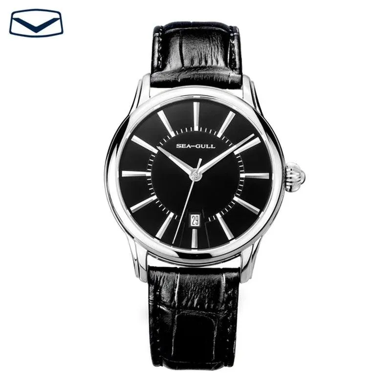 Seagull Genuine Leather Strap Silver/Gold Tone Black Dial 3 Hands Automatic Dress Watch Sapphire Crystal Exhibition Back