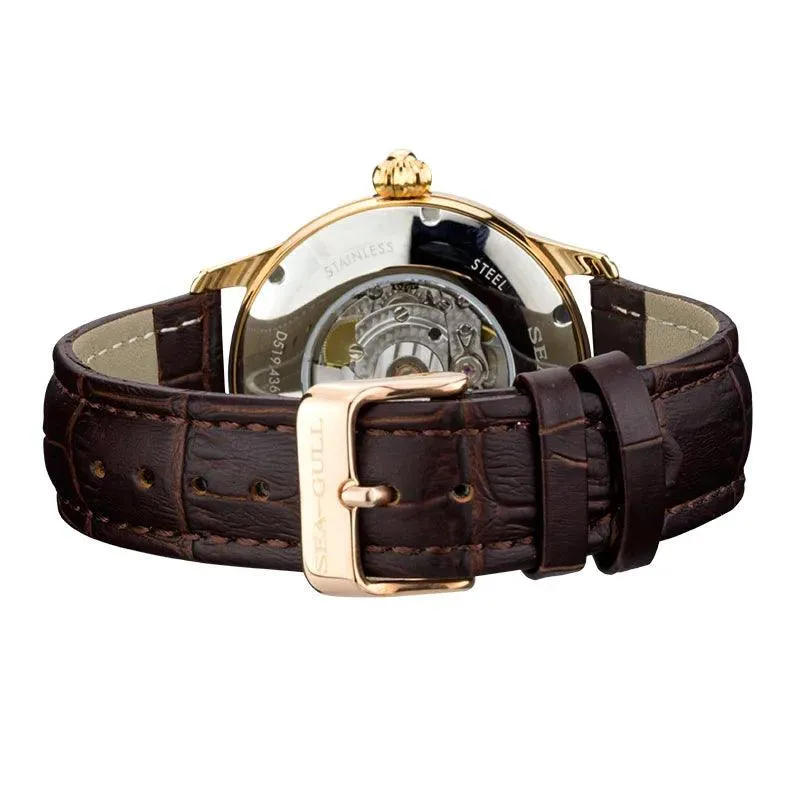 Seagull Genuine Leather Strap Silver/Gold Tone Black Dial 3 Hands Automatic Dress Watch Sapphire Crystal Exhibition Back