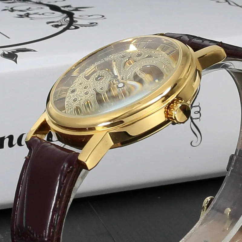 Stainless Steel Mechanical Skeleton Hand Wind Wristwatch