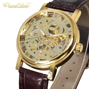 Stainless Steel Mechanical Skeleton Hand Wind Wristwatch
