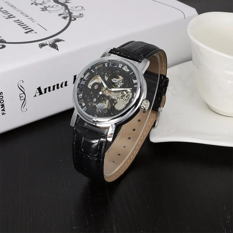 Stainless Steel Mechanical Skeleton Hand Wind Wristwatch