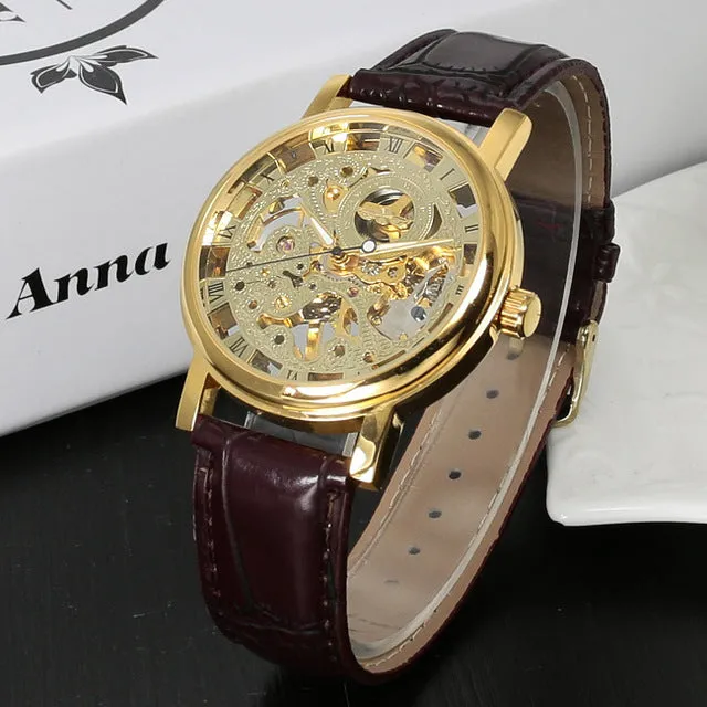 Stainless Steel Mechanical Skeleton Hand Wind Wristwatch
