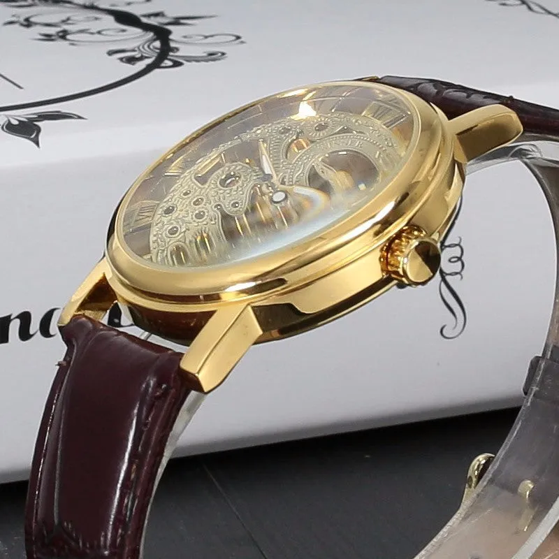 Stainless Steel Mechanical Skeleton Hand Wind Wristwatch