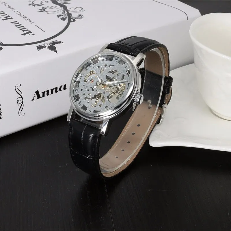 Stainless Steel Mechanical Skeleton Hand Wind Wristwatch