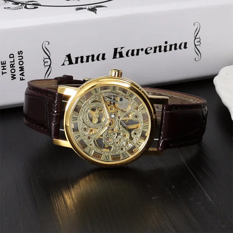 Stainless Steel Mechanical Skeleton Hand Wind Wristwatch