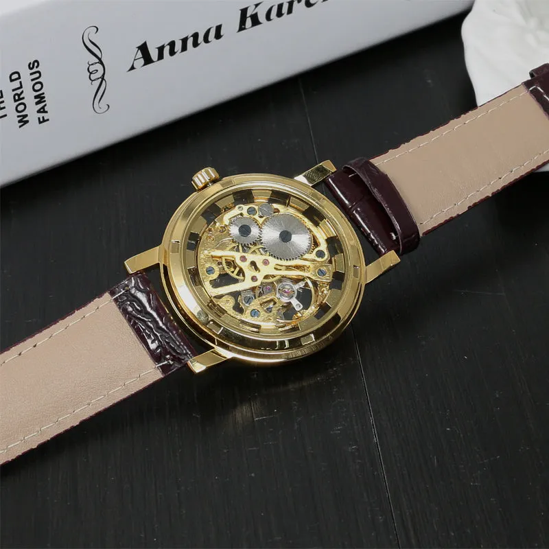Stainless Steel Mechanical Skeleton Hand Wind Wristwatch
