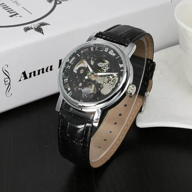 Stainless Steel Mechanical Skeleton Hand Wind Wristwatch