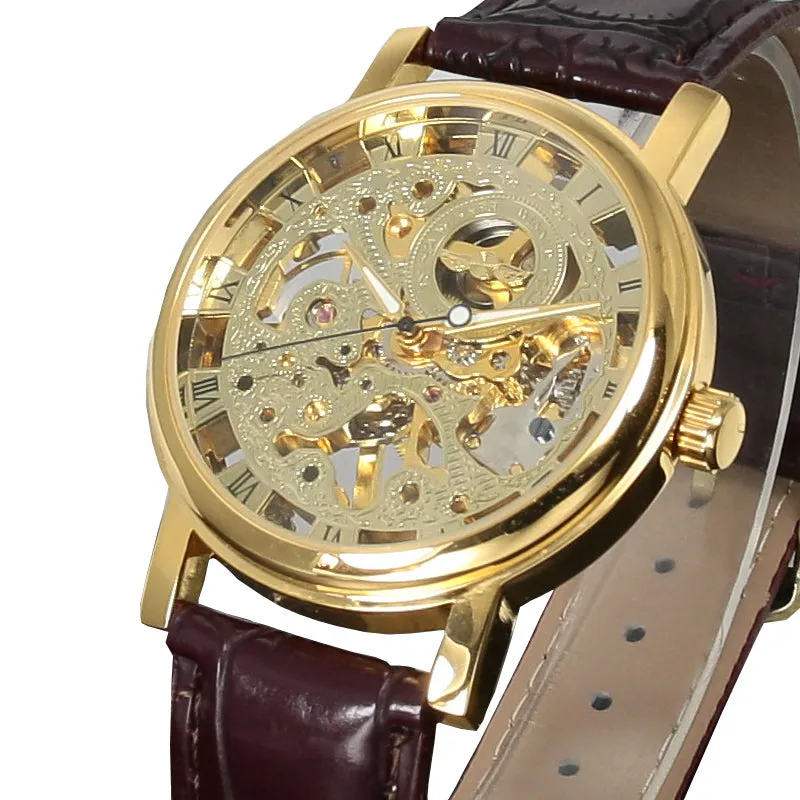 Stainless Steel Mechanical Skeleton Hand Wind Wristwatch