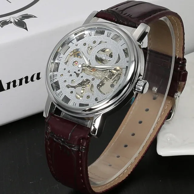 Stainless Steel Mechanical Skeleton Hand Wind Wristwatch