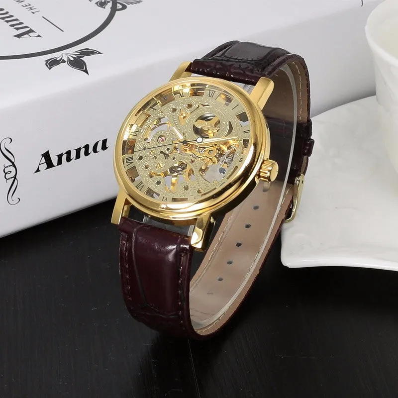 Stainless Steel Mechanical Skeleton Hand Wind Wristwatch