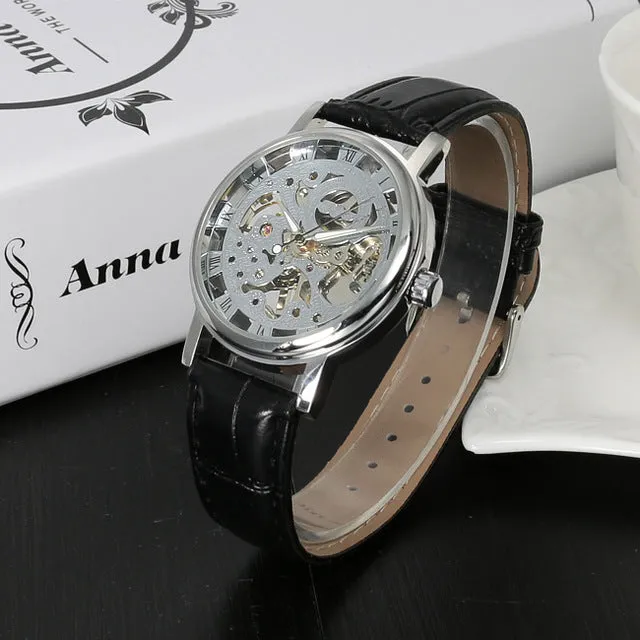 Stainless Steel Mechanical Skeleton Hand Wind Wristwatch