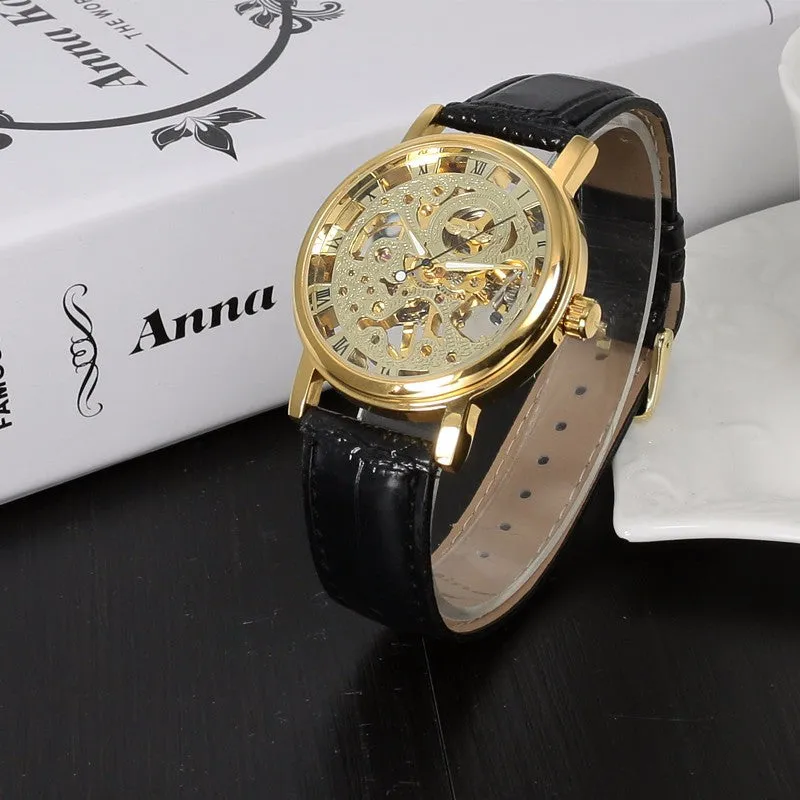Stainless Steel Mechanical Skeleton Hand Wind Wristwatch