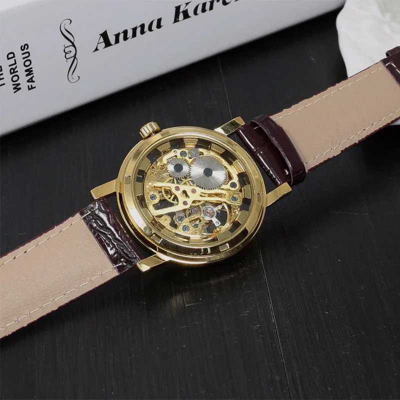 Stainless Steel Mechanical Skeleton Hand Wind Wristwatch