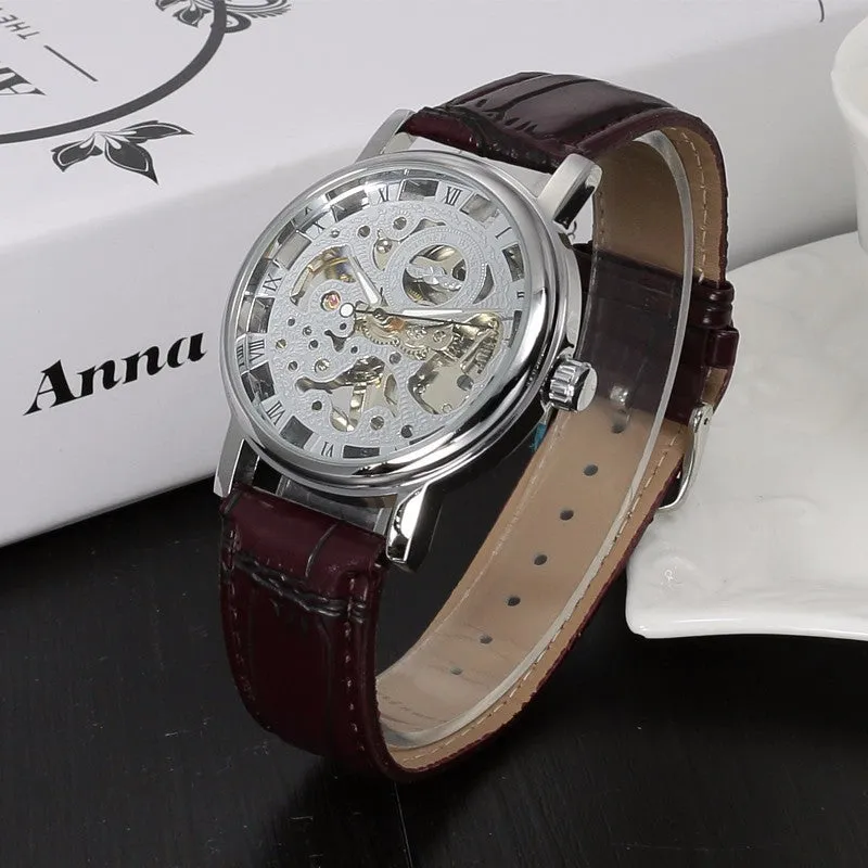 Stainless Steel Mechanical Skeleton Hand Wind Wristwatch