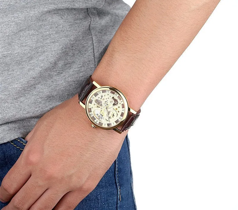 Stainless Steel Mechanical Skeleton Hand Wind Wristwatch