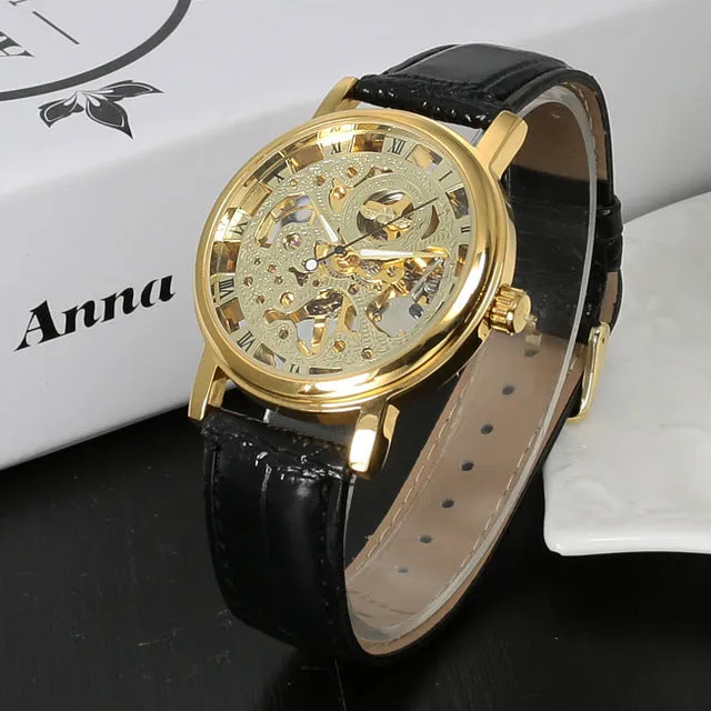 Stainless Steel Mechanical Skeleton Hand Wind Wristwatch