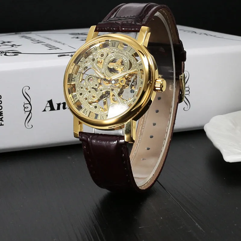 Stainless Steel Mechanical Skeleton Hand Wind Wristwatch