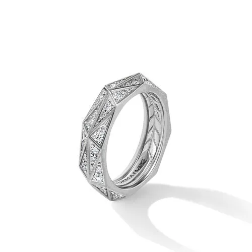 Torqued Faceted Band Ring in Sterling Silver with Pavé Diamonds, Size 10